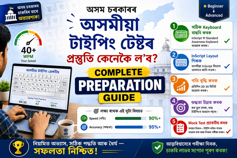 Assam Government Assamese Typing Test preparation guide showing a person practicing on a laptop with an Assamese keyboard, speed and accuracy targets, InScript keyboard tips, and a checklist for government typing exam success