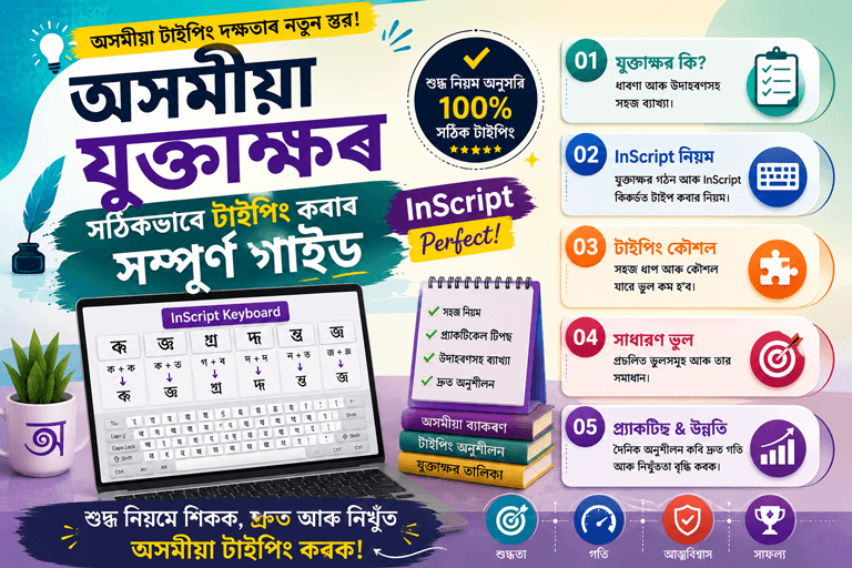 Assamese InScript keyboard guide for typing conjunct letters (যুক্তাক্ষৰ) correctly with keyboard layout, examples, shortcuts, and typing practice tips.