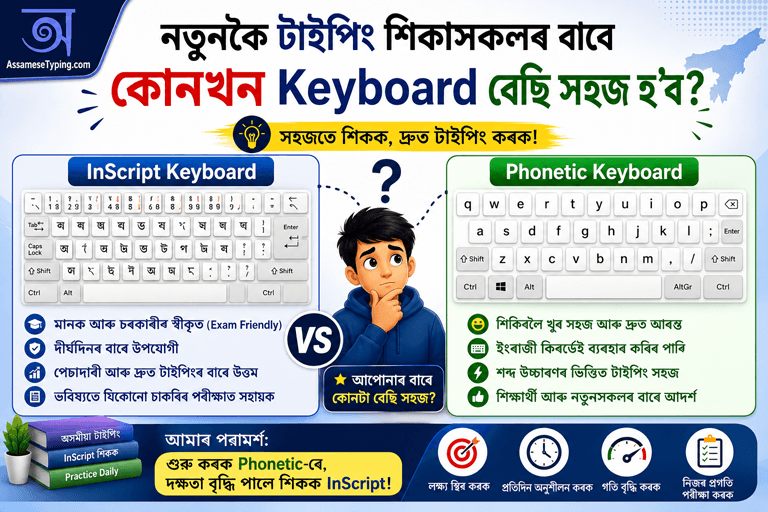 New beginners comparing InScript Keyboard and Phonetic Keyboard to choose the easiest Assamese keyboard layout for learning Assamese typing.