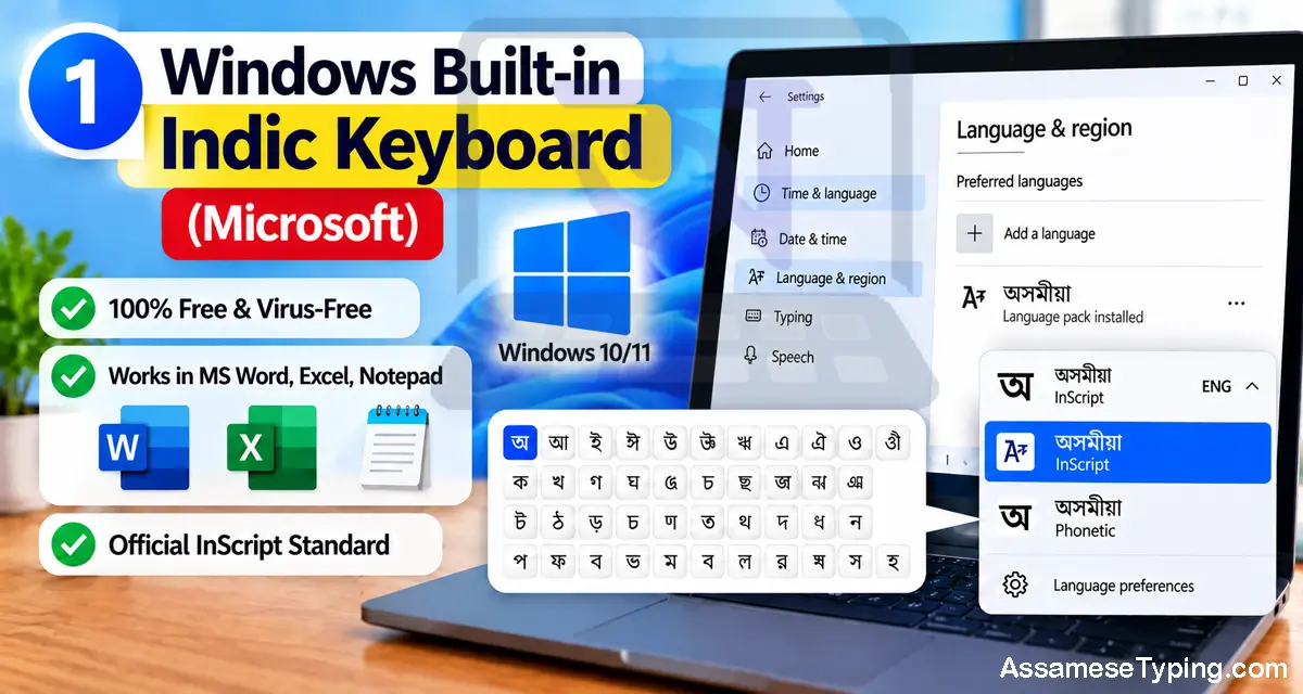 Windows built-in Indic Keyboard for Assamese InScript typing on Windows 10 and 11