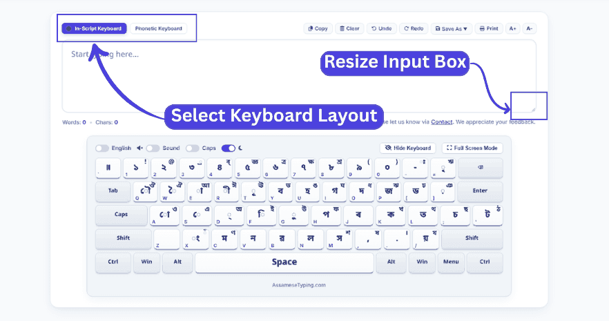 Step 1: Select your Assamese keyboard layout (InScript or Phonetic) and resize typing box